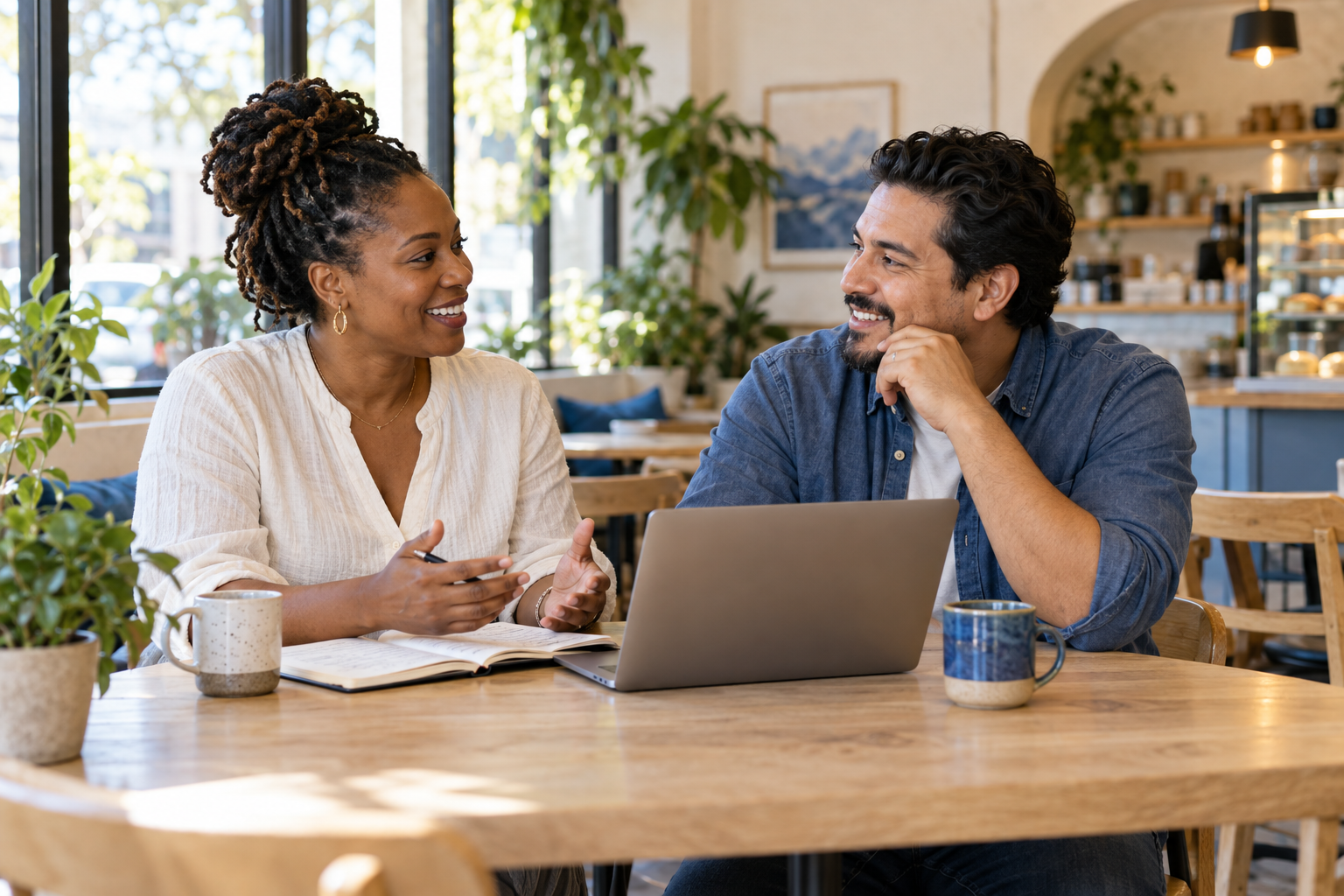 Two business owners sharing ideas over coffee in a bright café