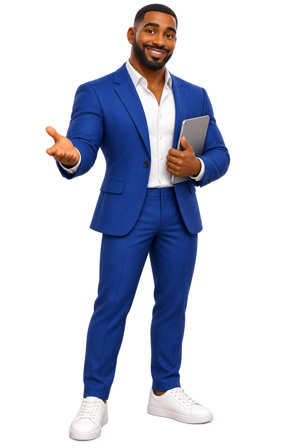Marketing character in a blue suit with a welcoming gesture
