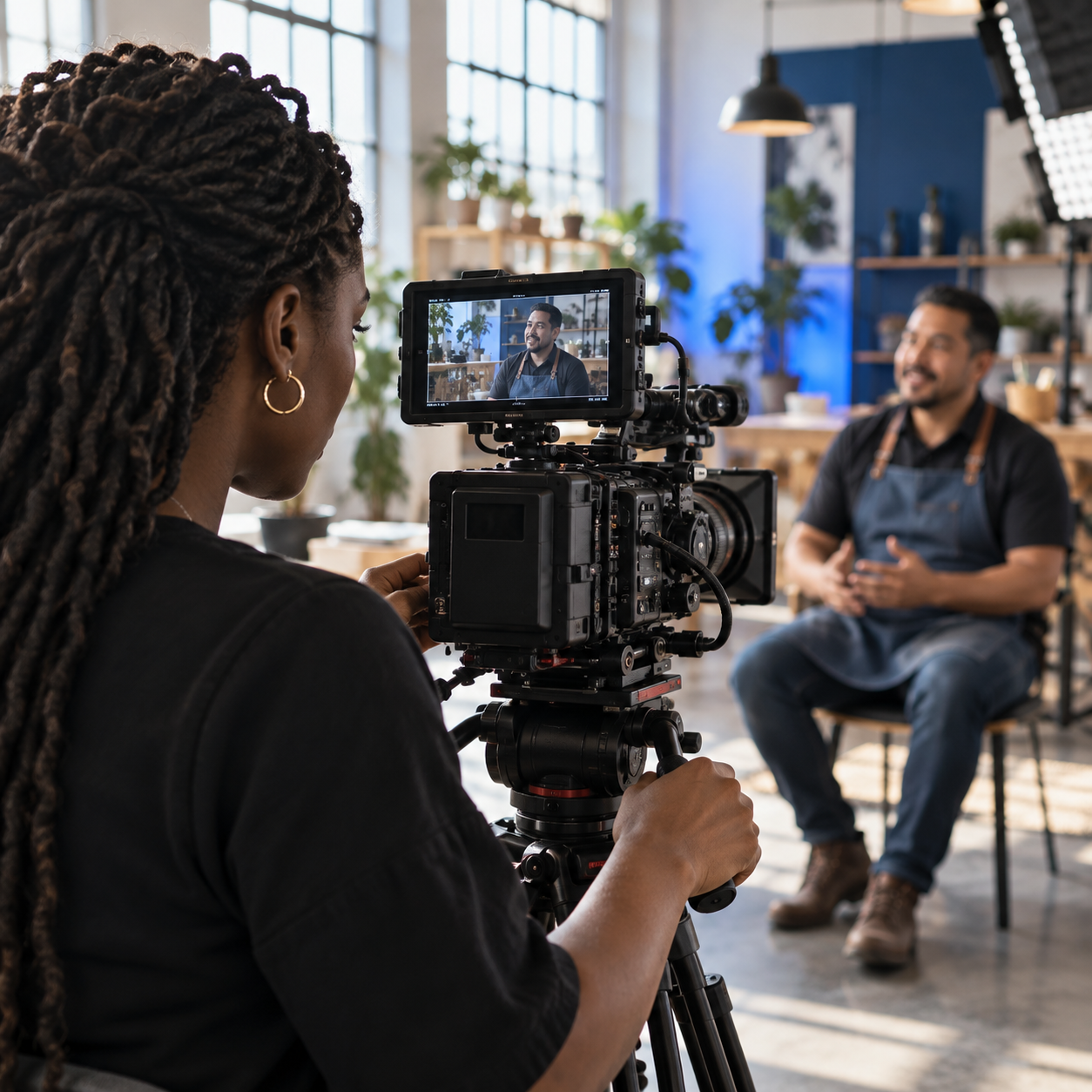 Illustrative filmmaker recording a business interview